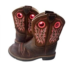 Ariat Kid's Fatbaby Western Boots brown leather pink stitching Size 1
